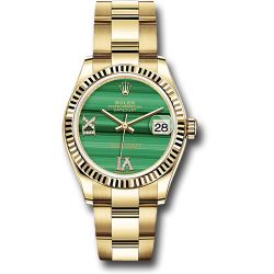  *Pre-Owned* Rolex Yellow Gold Datejust 31 Watch - Fluted Bezel - Malachite Diamond Six and Nine Dial - Oyster Bracelet