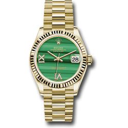 *Pre-Owned* Rolex Yellow Gold Datejust 31 Watch - Fluted Bezel - Malachite Diamond Six and Nine Dial - President Bracelet
