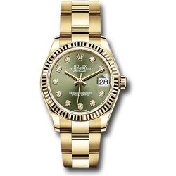  *Pre-Owned* Rolex Yellow Gold Datejust 31 Watch - Fluted Bezel - Olive Green Diamond Dial - Oyster Bracelet
