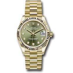  *Pre-Owned* Rolex Yellow Gold Datejust 31 Watch - Fluted Bezel - Olive Green Diamond Dial - President Bracelet