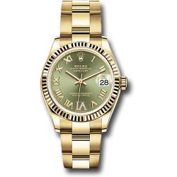  *Pre-Owned* Rolex Yellow Gold Datejust 31 Watch - Fluted Bezel - Olive Green Diamond Six Dial - Oyster Bracelet