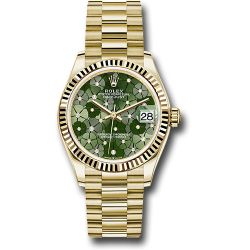  *Pre-Owned* Rolex Yellow Gold Datejust 31 Watch - Fluted Bezel - Olive Green Floral Motif Diamond 6 Dial - President Bracelet