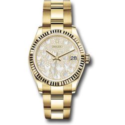  *Pre-Owned* Rolex Yellow Gold Datejust 31 Watch - Fluted Bezel - Paved Mother-of-Pearl Butterfly Dial - Oyster Bracelet