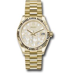  *Pre-Owned* Rolex Yellow Gold Datejust 31 Watch - Fluted Bezel - Paved Mother-of-Pearl Butterfly Dial - President Bracelet