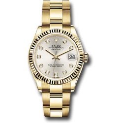  *Pre-Owned* Rolex Yellow Gold Datejust 31 Watch - Fluted Bezel - Silver Diamond Dial - Oyster Bracelet