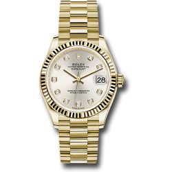  *Pre-Owned* Rolex Yellow Gold Datejust 31 Watch - Fluted Bezel - Silver Diamond Dial - President Bracelet