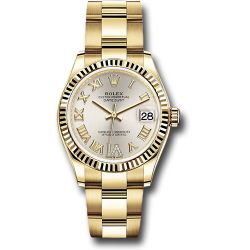  *Pre-Owned* Rolex Yellow Gold Datejust 31 Watch - Fluted Bezel - Silver Diamond Six Dial - Oyster Bracelet
