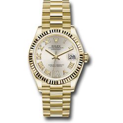  *Pre-Owned* Rolex Yellow Gold Datejust 31 Watch - Fluted Bezel - Silver Diamond Six Dial - President Bracelet