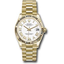  *Pre-Owned* Rolex Yellow Gold Datejust 31 Watch - Fluted Bezel - White Roman Dial - President Bracelet
