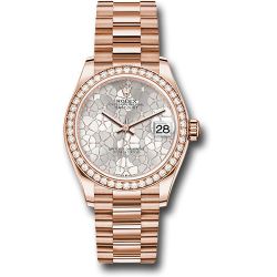  *Pre-Owned* Rolex Everose Gold Datejust 31 Watch - Diamond Bezel - Silver Floral Motif Diamond Dial - President Bracelet