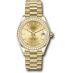  *Pre-Owned* Rolex Yellow Gold Datejust 31 Watch - Diamond Bezel - Champagne Index Dial - President Bracelet