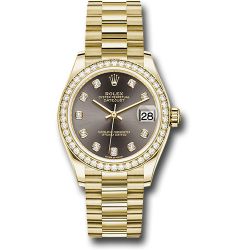  *Pre-Owned* Rolex Yellow Gold Datejust 31 Watch - Diamond Bezel - Dark Grey Diamond Dial - President Bracelet