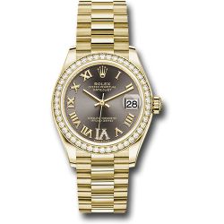  *Pre-Owned* Rolex Yellow Gold Datejust 31 Watch - Diamond Bezel - Dark Grey Diamond Six Dial - President Bracelet