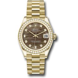  *Pre-Owned* Rolex Yellow Gold Datejust 31 Watch - Diamond Bezel - Dark Mother-of-Pearl Diamond Dial - President Bracelet