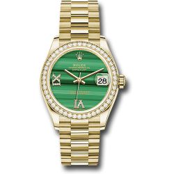  *Pre-Owned* Rolex Yellow Gold Datejust 31 Watch - Diamond Bezel - Malachite Diamond Six and Nine Dial - President Bracelet