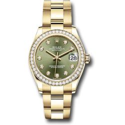  *Pre-Owned* Rolex Yellow Gold Datejust 31 Watch - Diamond Bezel - Olive Green Diamond Dial - Oyster Bracelet