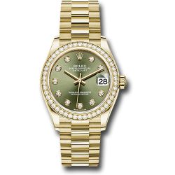  *Pre-Owned* Rolex Yellow Gold Datejust 31 Watch - Diamond Bezel - Olive Green Diamond Dial - President Bracelet