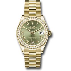  *Pre-Owned* Rolex Yellow Gold Datejust 31 Watch - Diamond Bezel - Olive Green Diamond Six Dial - President Bracelet
