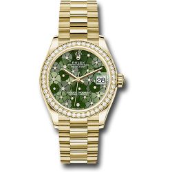  *Pre-Owned* Rolex Yellow Gold Datejust 31 Watch - Diamond Bezel - Olive Green Floral Motif Diamond 6 Dial - President Bracelet