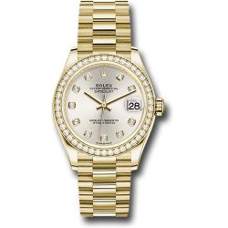  *Pre-Owned* Rolex Yellow Gold Datejust 31 Watch - Diamond Bezel - Silver Diamond Dial - President Bracelet