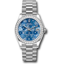 *Pre-Owned* Rolex White Gold Datejust 31 Watch - Diamond Bezel - Azzurro Blue Floral Motif Diamond Dial - President Bracelet