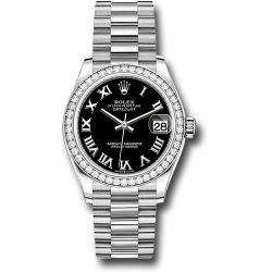  *Pre-Owned* Rolex White Gold Datejust 31 Watch - Diamond Bezel - Bright Black Roman Dial - President Bracelet