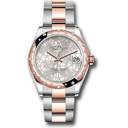  *Pre-Owned* Rolex Everose Rolesor Datejust 31 Watch - Domed, Diamond Bezel - Silver Floral Motif Diamond Dial - Oyster Bracelet