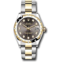  *Pre-Owned* Rolex Steel and Yellow Gold Datejust 31 Watch - Domed Diamond Bezel - Dark Grey Diamond Dial - Oyster Bracelet