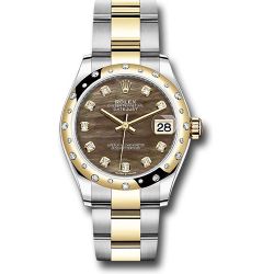  *Pre-Owned* Rolex Steel and Yellow Gold Datejust 31 Watch - Domed Diamond Bezel - Dark Mother-of-Pearl Diamond Dial - Oyster Bracelet