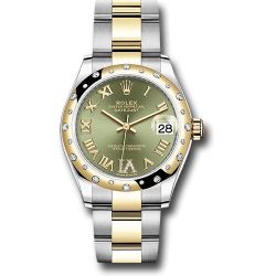  *Pre-Owned* Rolex Steel and Yellow Gold Datejust 31 Watch - Domed Diamond Bezel - Olive Green Diamond Roman Six Dial - Oyster Bracelet
