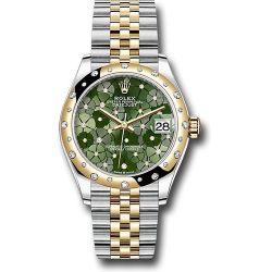  *Pre-Owned* Rolex Yellow Rolesor Datejust 31 Watch - Domed, Diamond Bezel - Olive Green Floral Motif Diamond 6 Dial - Jubilee Bracelet
