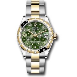  *Pre-Owned* Rolex Yellow Rolesor Datejust 31 Watch - Domed, Diamond Bezel - Olive Green Floral Motif Diamond 6 Dial - Oyster Bracelet