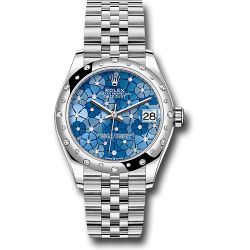  *Pre-Owned* Rolex White Rolesor Datejust 31 Watch - Domed, Diamond Bezel - Azzurro Blue Floral Motif Diamond Dial - Jubilee Bracelet