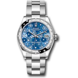  *Pre-Owned* Rolex White Rolesor Datejust 31 Watch - Domed, Diamond Bezel - Azzurro Blue Floral Motif Diamond Dial - Oyster Bracelet