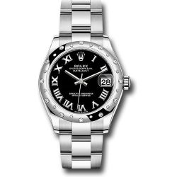  *Pre-Owned* Rolex Steel and White Gold Datejust 31 Watch - Domed 24 Diamond Bezel - Black Roman Dial - Oyster Bracelet