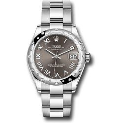  *Pre-Owned* Rolex Steel and White Gold Datejust 31 Watch - Domed 24 Diamond Bezel - Dark Grey Roman Dial - Oyster Bracelet