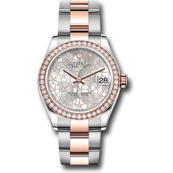  *Pre-Owned* Rolex Everose Rolesor Datejust 31 Watch - Diamond Bezel - Silver Floral Motif Diamond Dial - Oyster Bracelet