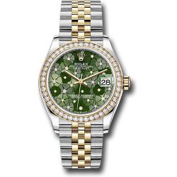  *Pre-Owned* Rolex Yellow Rolesor Datejust 31 Watch - Diamond Bezel - Olive Green Floral Motif Diamond 6 Dial - Jubilee Bracelet
