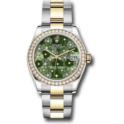  *Pre-Owned* Rolex Yellow Rolesor Datejust 31 Watch - Diamond Bezel - Olive Green Floral Motif Diamond 6 Dial - Oyster Bracelet