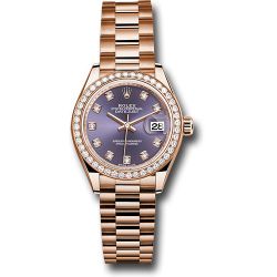  *Pre-Owned* Rolex Everose Gold Lady-Datejust 28 Watch - 44 Diamond Bezel - Aubergine Diamond Dial - President Bracelet