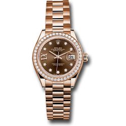  *Pre-Owned* Rolex Everose Gold Lady-Datejust 28 Watch - 44 Diamond Bezel - Chocolate Diamond Star Dial - President Bracelet