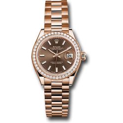  *Pre-Owned* Rolex Everose Gold Lady-Datejust 28 Watch - 44 Diamond Bezel - Chocolate Index Dial - President Bracelet