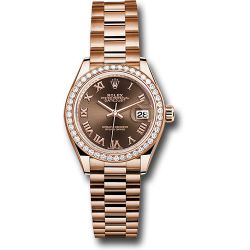  *Pre-Owned* Rolex Everose Gold Lady-Datejust 28 Watch - 44 Diamond Bezel - Chocolate Roman Dial - President Bracelet