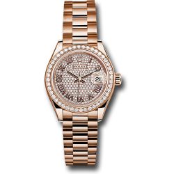 *Pre-Owned* Rolex Everose Gold Lady-Datejust 28 Watch - 44 Diamond Bezel - Sundust Roman Dial - President Bracelet
