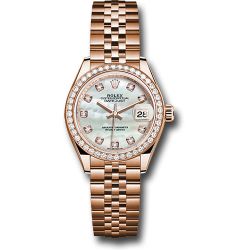  *Pre-Owned* Rolex Everose Gold Lady-Datejust 28 Watch - 44 Diamond Bezel - Mother-of-Pearl Diamond Dial - Jubilee Bracelet