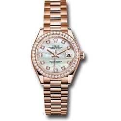  *Pre-Owned* Rolex Everose Gold Lady-Datejust 28 Watch - 44 Diamond Bezel - Mother-of-Pearl Diamond Dial - President Bracelet