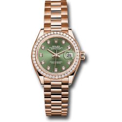  *Pre-Owned* Rolex Everose Gold Lady-Datejust Watch - Diamond Bezel - Olive Green Diamond 6 Dial - President Bracelet