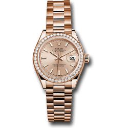  *Pre-Owned* Rolex Everose Gold Lady-Datejust 28 Watch - 44 Diamond Bezel - Pink Sundust Index Dial - President Bracelet