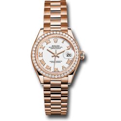  *Pre-Owned* Rolex Everose Gold Lady-Datejust 28 Watch - 44 Diamond Bezel - White Roman Dial - President Bracelet