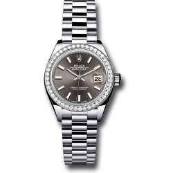  *Pre-Owned* Rolex Platinum Lady-Datejust 28 Watch - 44 Diamond Bezel - Dark Grey Index Dial - President Bracelet